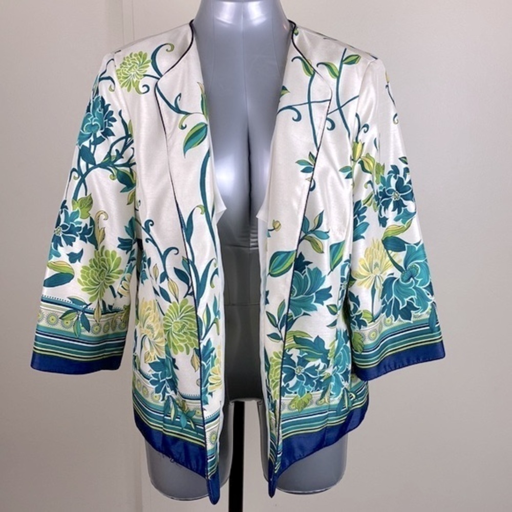 Floral print green blue office formal careerwear  work pea coat jacket sz 12